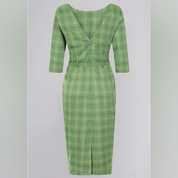 NWOT Collectif Adaline Leaf Check Green Plaid Fitted Wiggle Dress - Picture 2 of 15